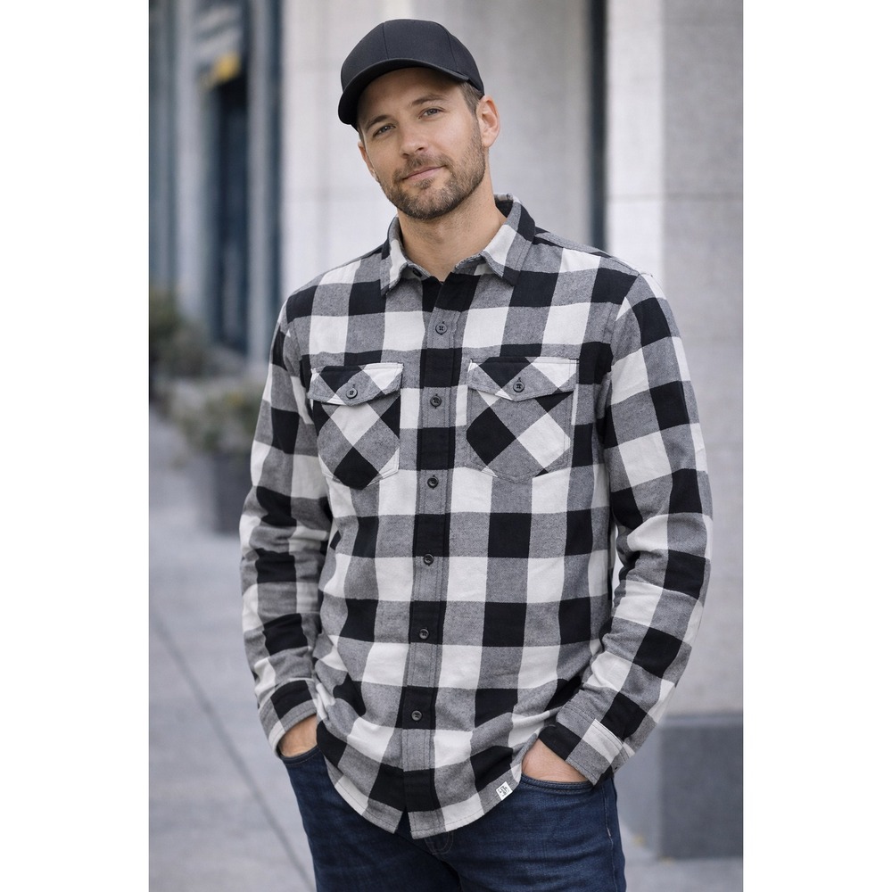 Branded Bills Flannel Shirt Mens Large Black Gray Plaid Button Front Long Sleeve